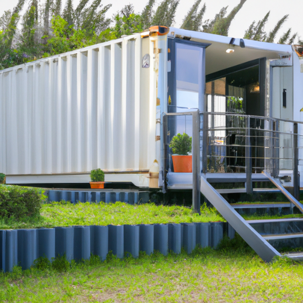 A single shipping container home with a green area