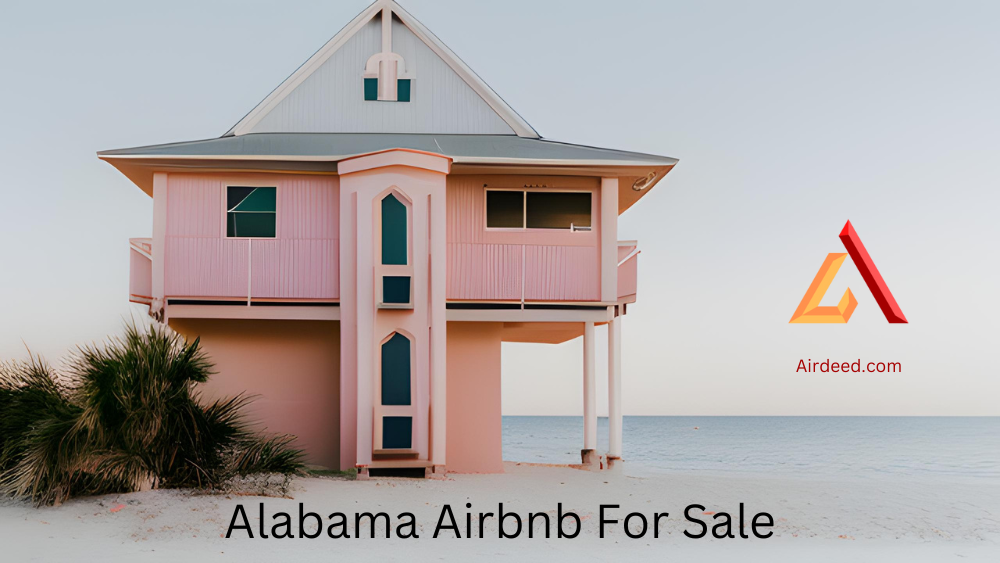 Two story pink Alabama beach property with the sand and ocean in background. Alabama Airbnb For Sale on the beach of AL.