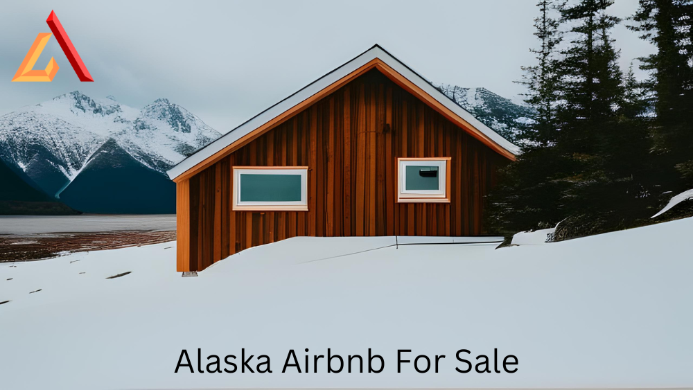 Alaska Airbnb home with mountains in the background. This Alaska Airbnb for sale is on a lake with snow around it