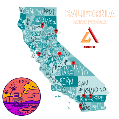 Image of the outline of the state of California. Has the words "California Airbnb For Sale" and the outline of California shows counties including Riverside, San Diego, Los Angeles, Orange, Sonoma, Sierra, Fresno, San Luis Obispo, Santa Clara, San Francisco and other ca counties.