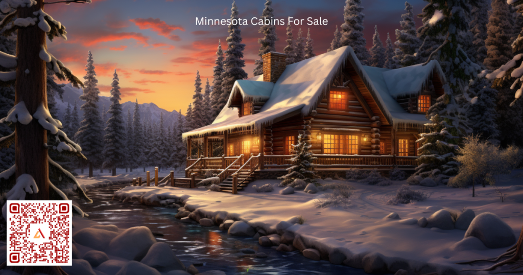 Log Cabin home in minnesota in the winter with snow along a river. A typical cabins for sale in mn on Airdeed Homes