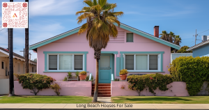 Long Beach CA pink house with teal window trim and front stairs to the door. A typical houses for sale in long beach on airdeed.com