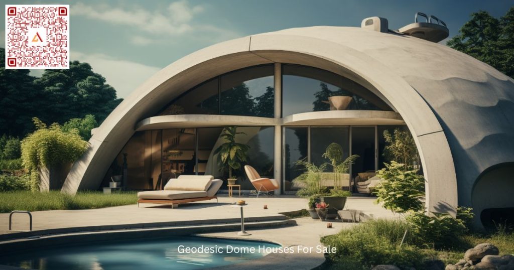 Geodesic Dome Home exterior with small pool and large windows. This is a great example of the type of Geodesic Dome Homes for sale on Airdeed