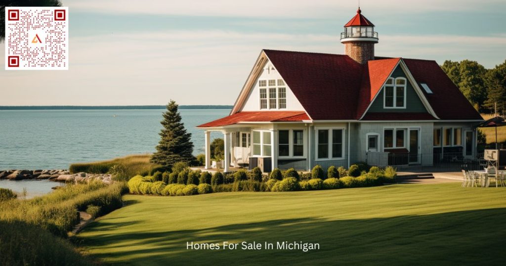 Home in Michigan along a lake with a lighthouse perch for amazing views. Typical mi house for sale on Airdeed Homes.