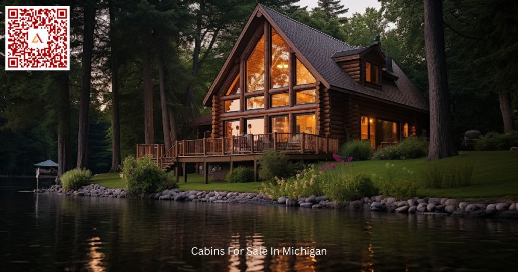 Michigan Log Cabin on a lake with large windows making a great sunset view. A typical modern mi cabin for sale on airdeed.com